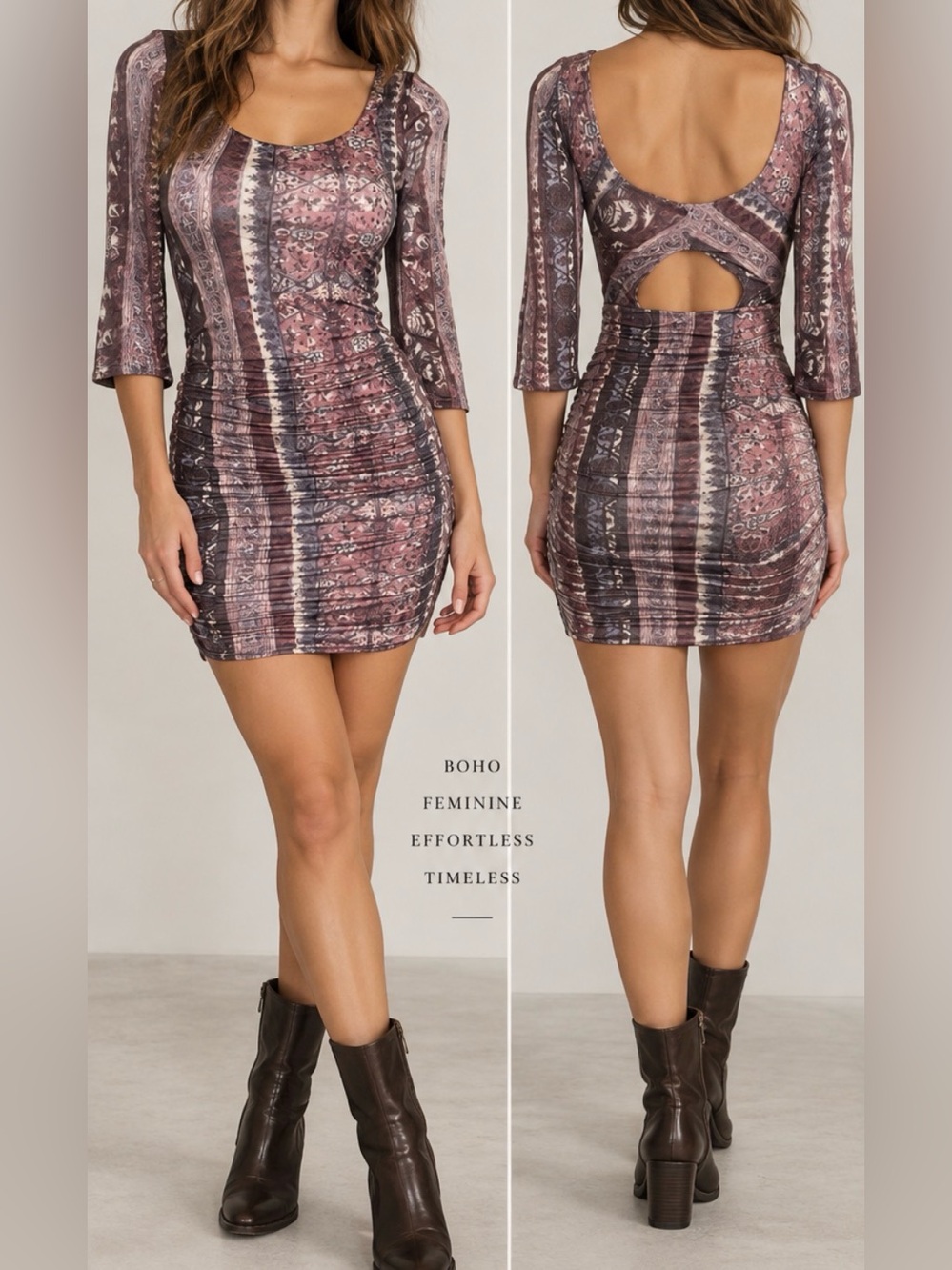 Free People Paisley Ruched Open Back Bodycon Mini Dress XS NWOT